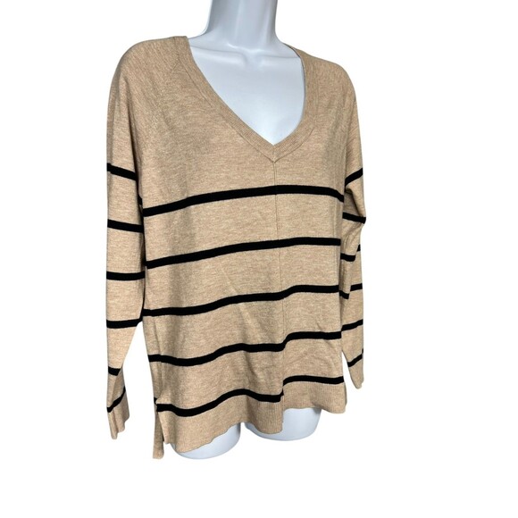 Bobeau Tan Black Striped V-Neck Hi-Low Sweater M - Picture 4 of 16
